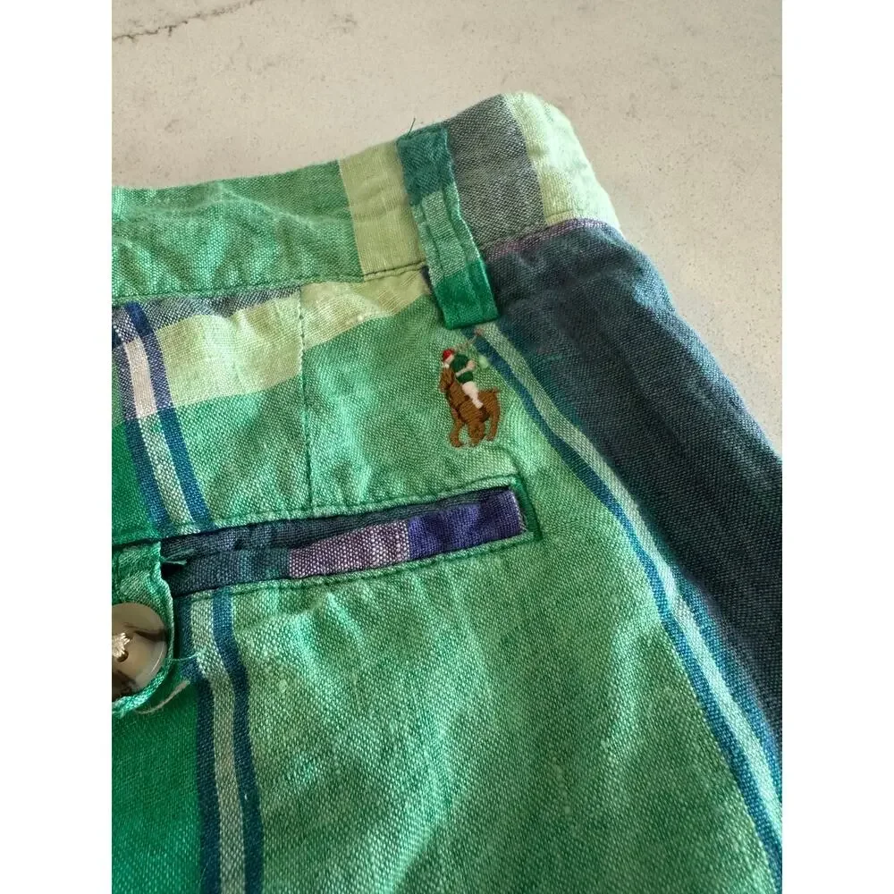 Polo Ralph Lauren Madras Linen Shorts Mens Classic Green Plaid Preppy Summer 35